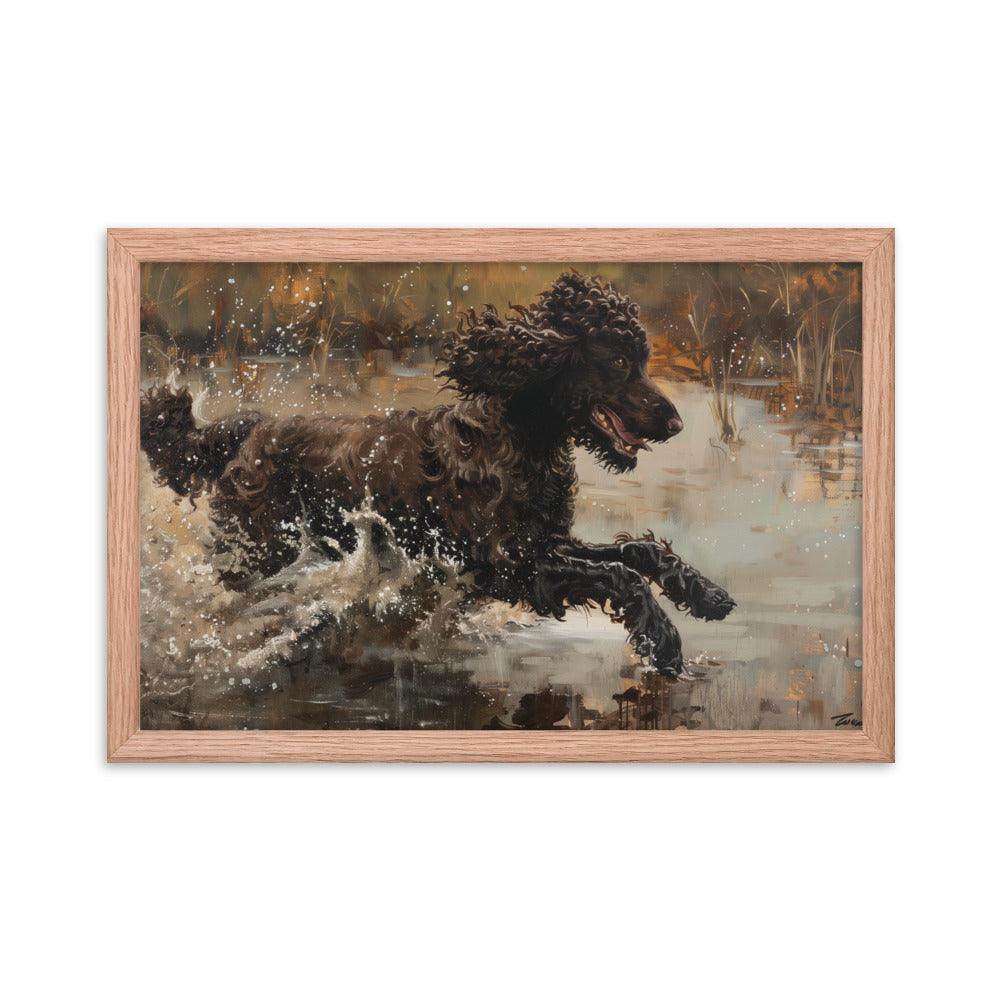 Irish Water Spaniel Splashing in Lake Art Framed Poster - Oh Posters