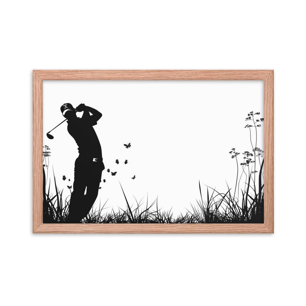 Golfer Silhouette Swinging Action Black and White Art Framed Poster - Oh Posters