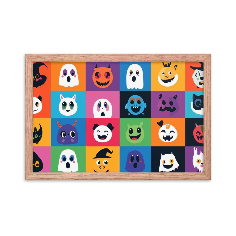 Cheerful Halloween Ghosts and Pumpkins Cartoon Faces Framed Poster - Oh Posters