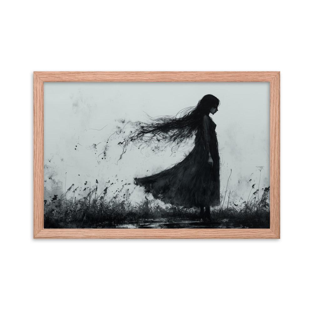 Dark Silhouette Woman in Gloomy Field Ink Illustration Framed Poster - Oh Posters