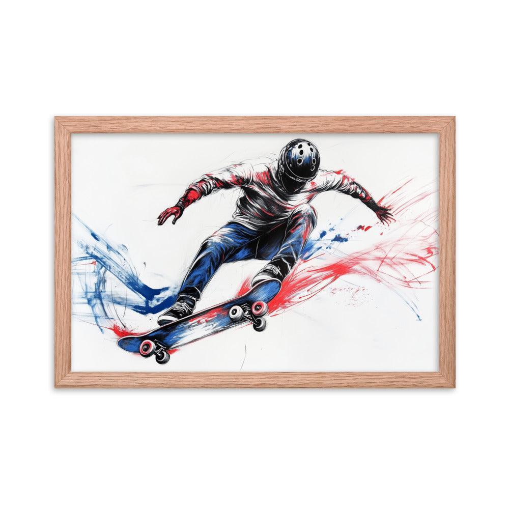 High-Energy Skateboarder with Helmet Abstract Sketch Framed Poster - Oh Posters