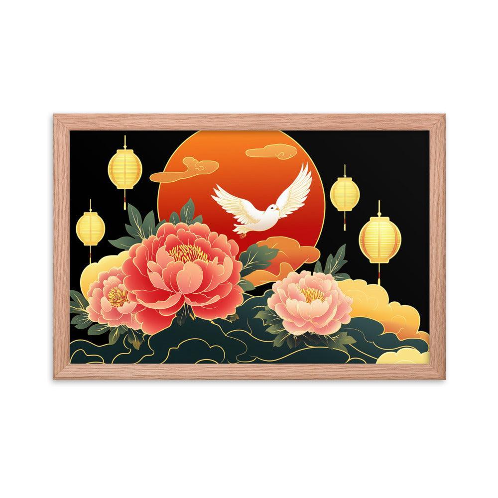 Chinese Traditional Floral Design with Lanterns and Dove Illustration Framed Poster - Oh Posters