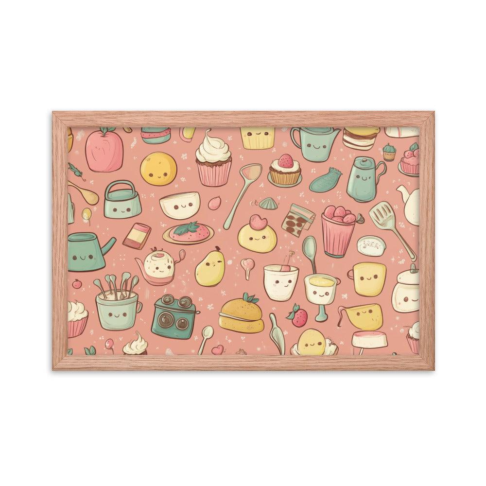 Kawaii Food and Kitchen Utensils Cute Doodle Pattern Framed Poster - Oh Posters