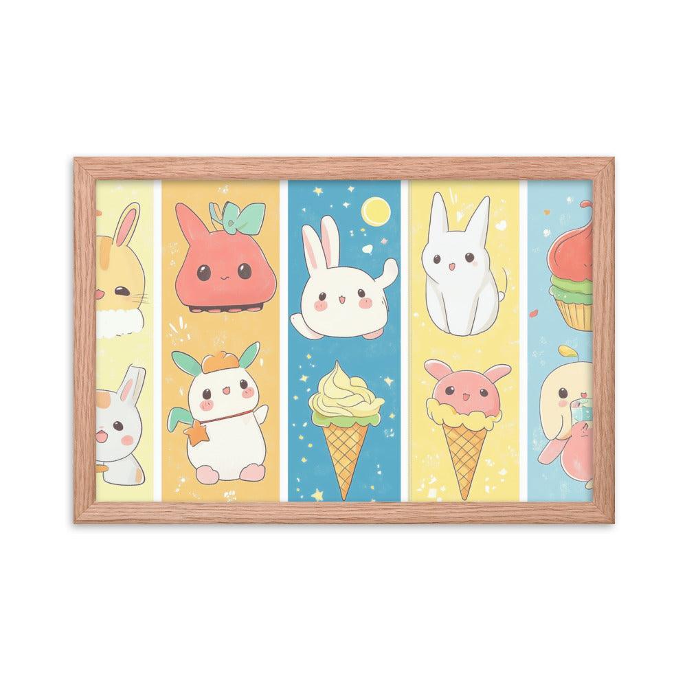 Kawaii Bunnies and Ice Cream Cute Character Strip Digital Art Framed Poster - Oh Posters