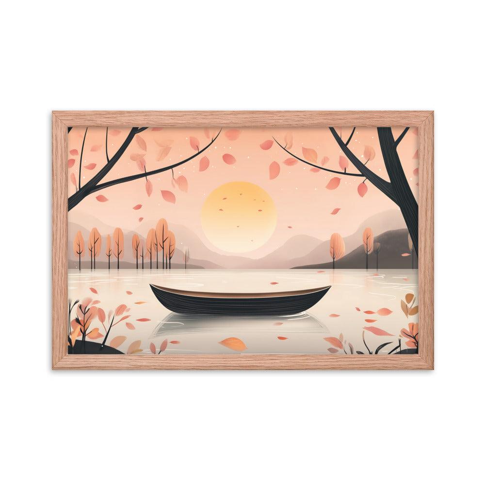 Peaceful Autumn Lake Scene with Soft Sunset and Falling Leaves Framed Poster - Oh Posters