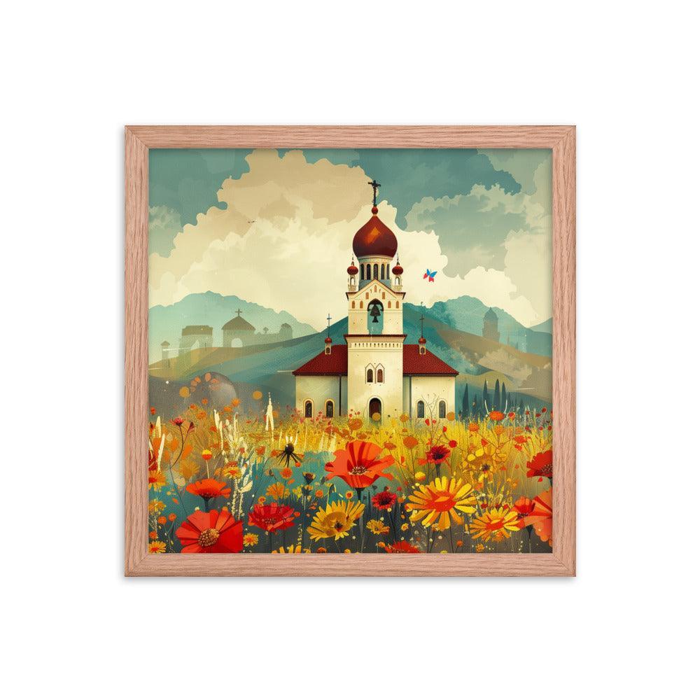 Romania Mountain Church Field of Flowers Framed Poster - Oh Posters