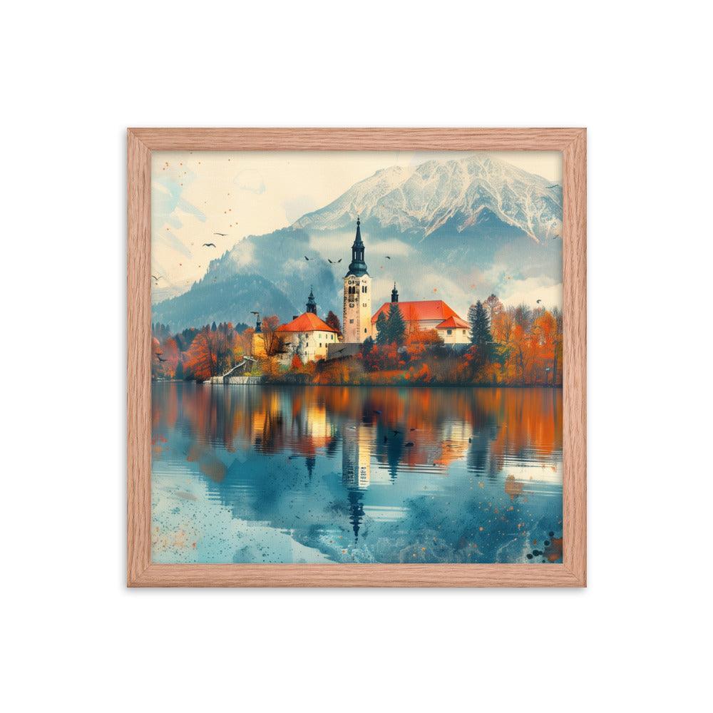 Slovenia Autumn Lakeside Church Reflection Framed Poster - Oh Posters