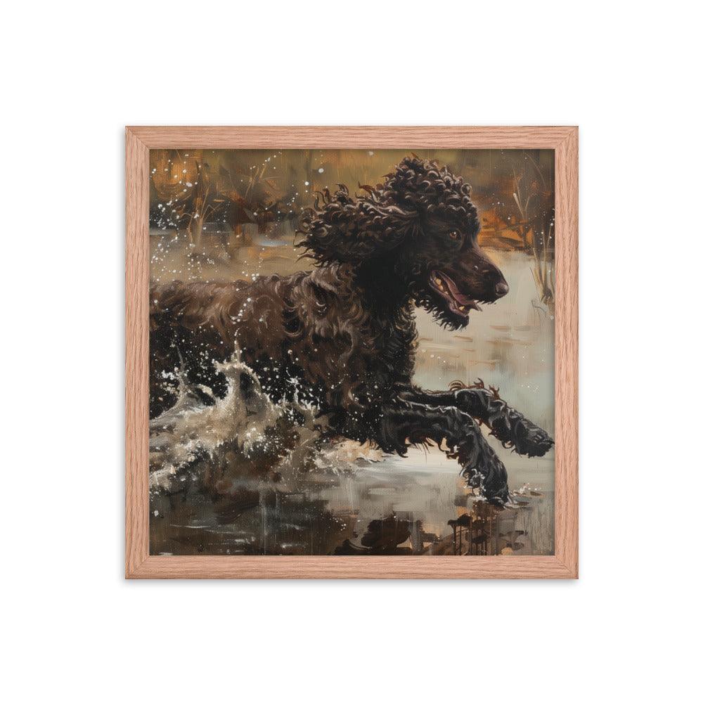 Irish Water Spaniel Splashing in Lake Art Framed Poster - Oh Posters