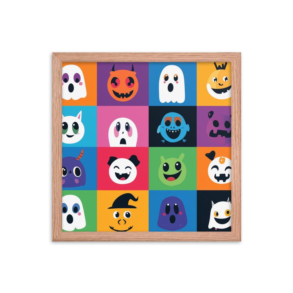 Cheerful Halloween Ghosts and Pumpkins Cartoon Faces Framed Poster - Oh Posters