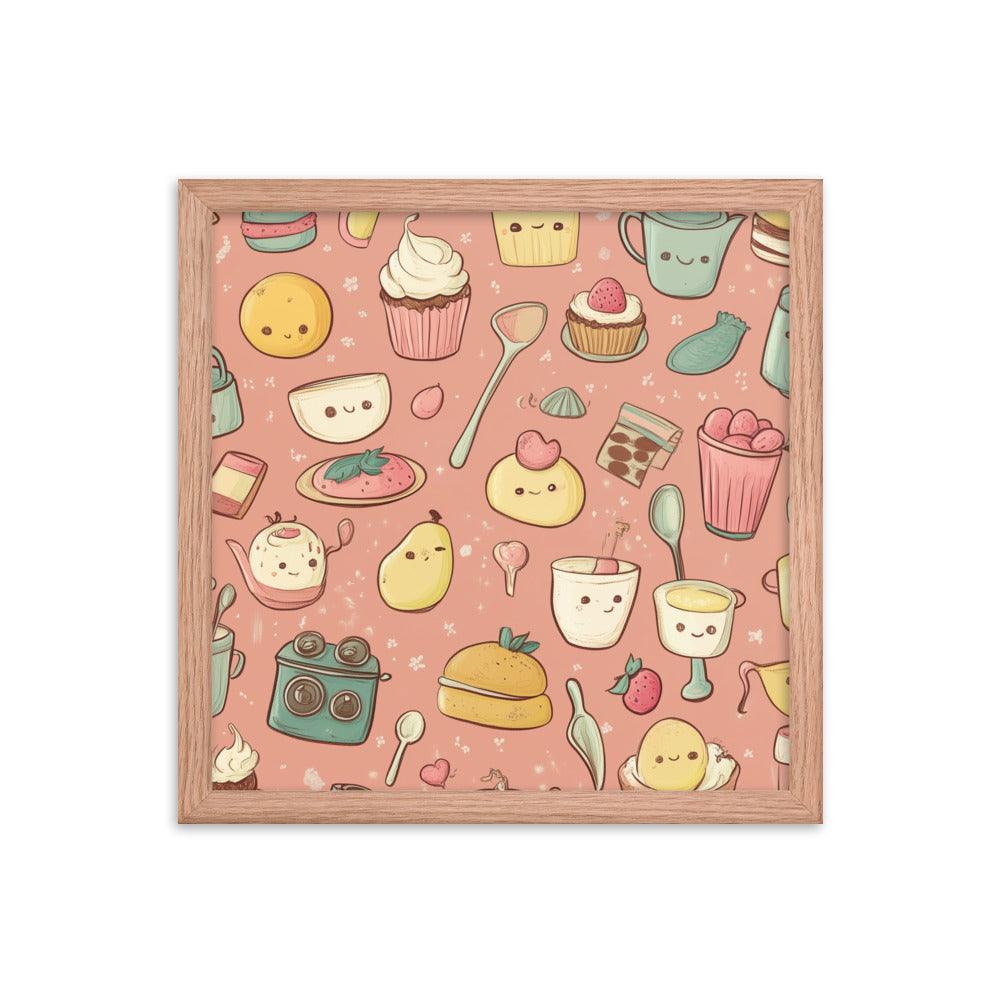 Kawaii Food and Kitchen Utensils Cute Doodle Pattern Framed Poster - Oh Posters