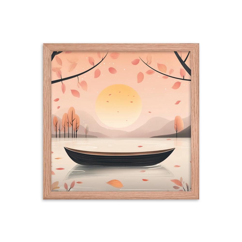 Peaceful Autumn Lake Scene with Soft Sunset and Falling Leaves Framed Poster - Oh Posters