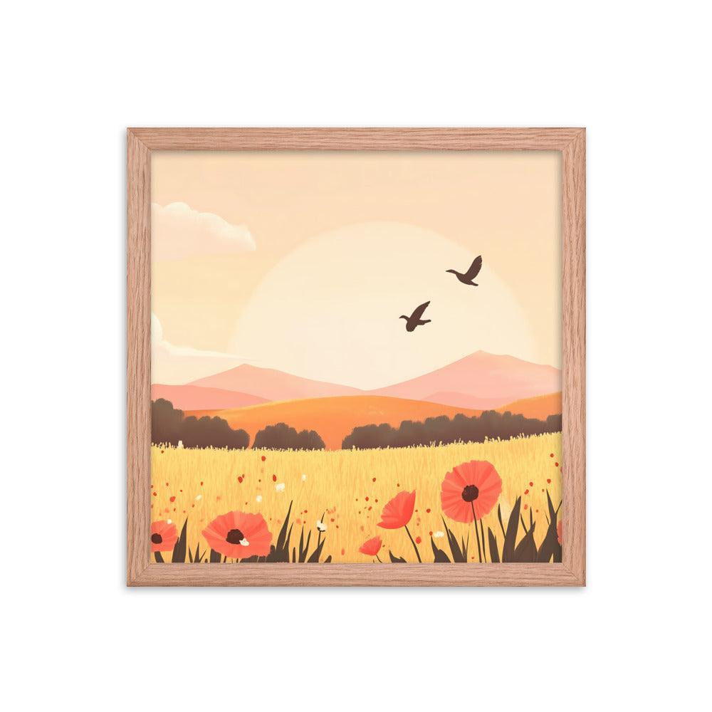 Sunset Field with Poppies and Birds in Pastel Landscape Framed Poster - Oh Posters