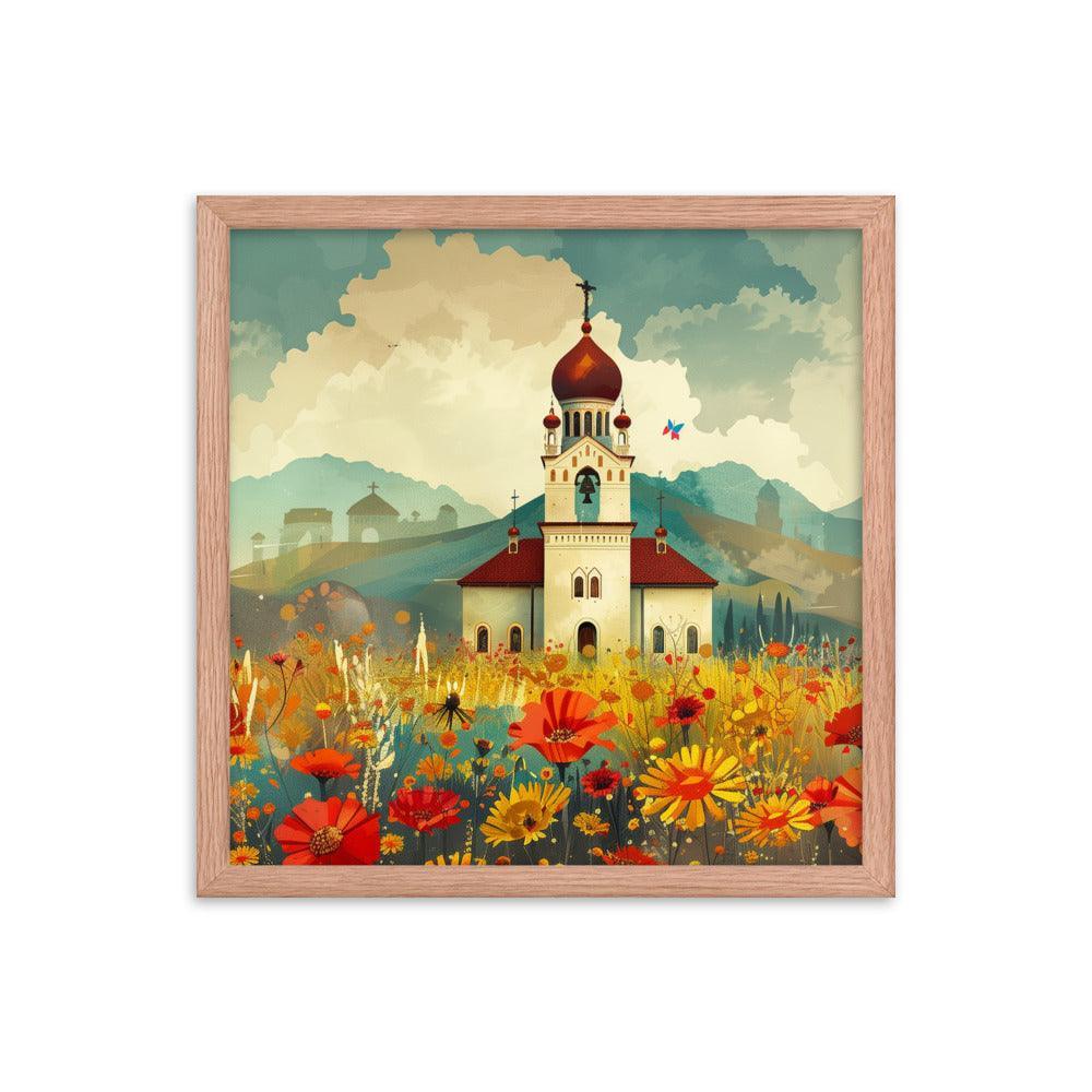 Romania Mountain Church Field of Flowers Framed Poster - Oh Posters