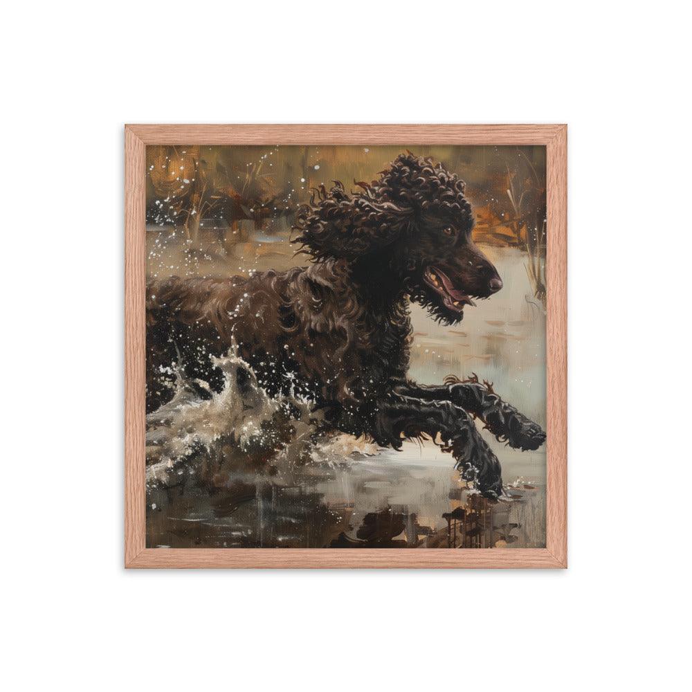 Irish Water Spaniel Splashing in Lake Art Framed Poster - Oh Posters