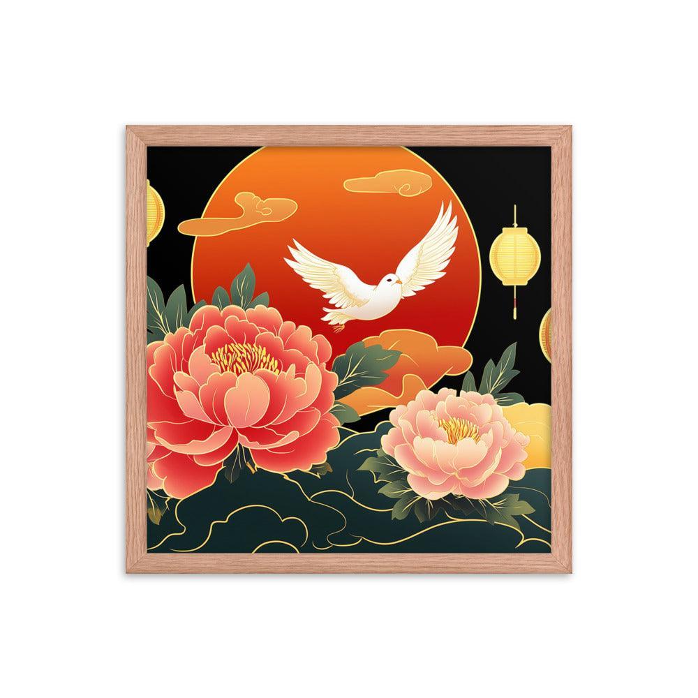 Chinese Traditional Floral Design with Lanterns and Dove Illustration Framed Poster - Oh Posters