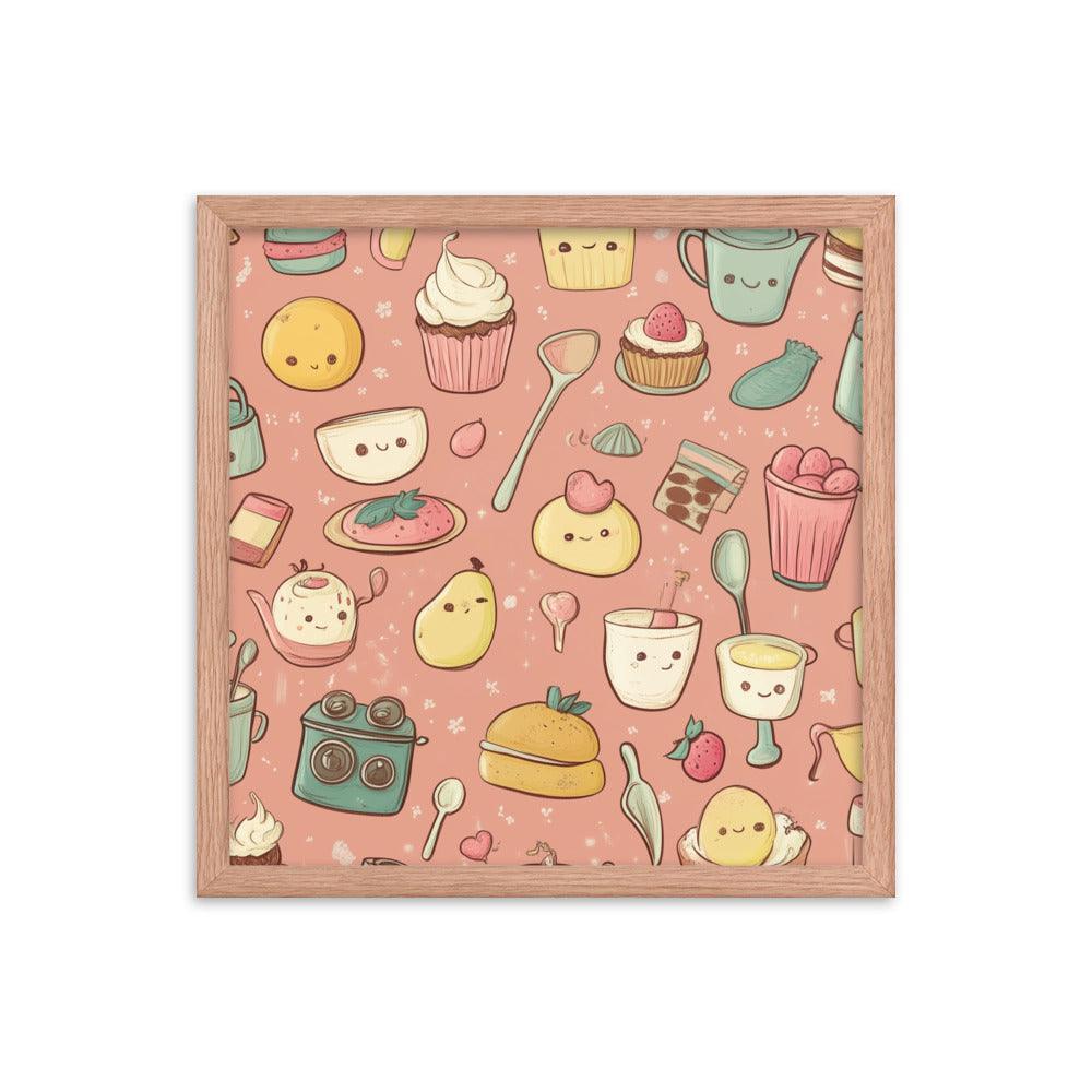 Kawaii Food and Kitchen Utensils Cute Doodle Pattern Framed Poster - Oh Posters