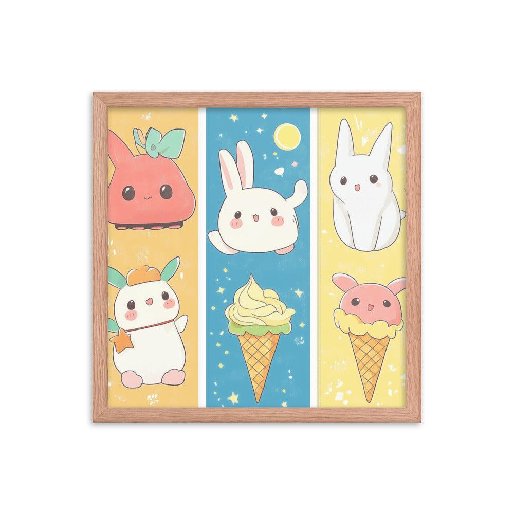 Kawaii Bunnies and Ice Cream Cute Character Strip Digital Art Framed Poster - Oh Posters