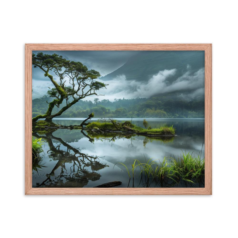 Indonesia Serene Lake Misty Mountains Framed Poster - Oh Posters