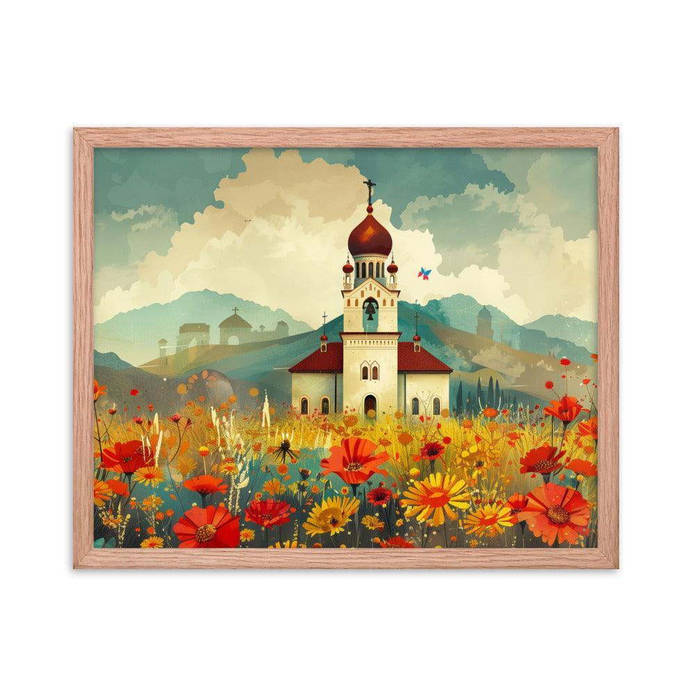 Romania Mountain Church Field of Flowers Framed Poster - Oh Posters