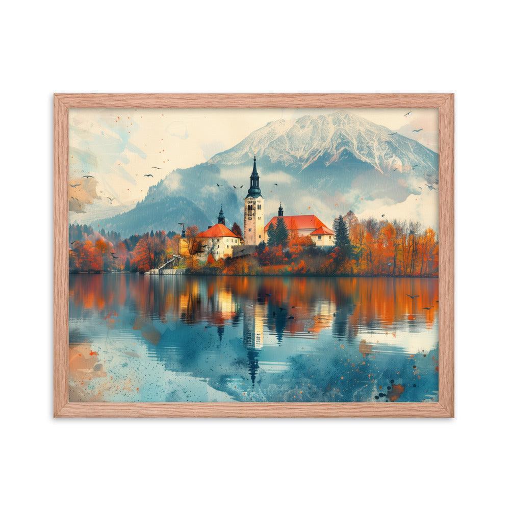 Slovenia Autumn Lakeside Church Reflection Framed Poster - Oh Posters