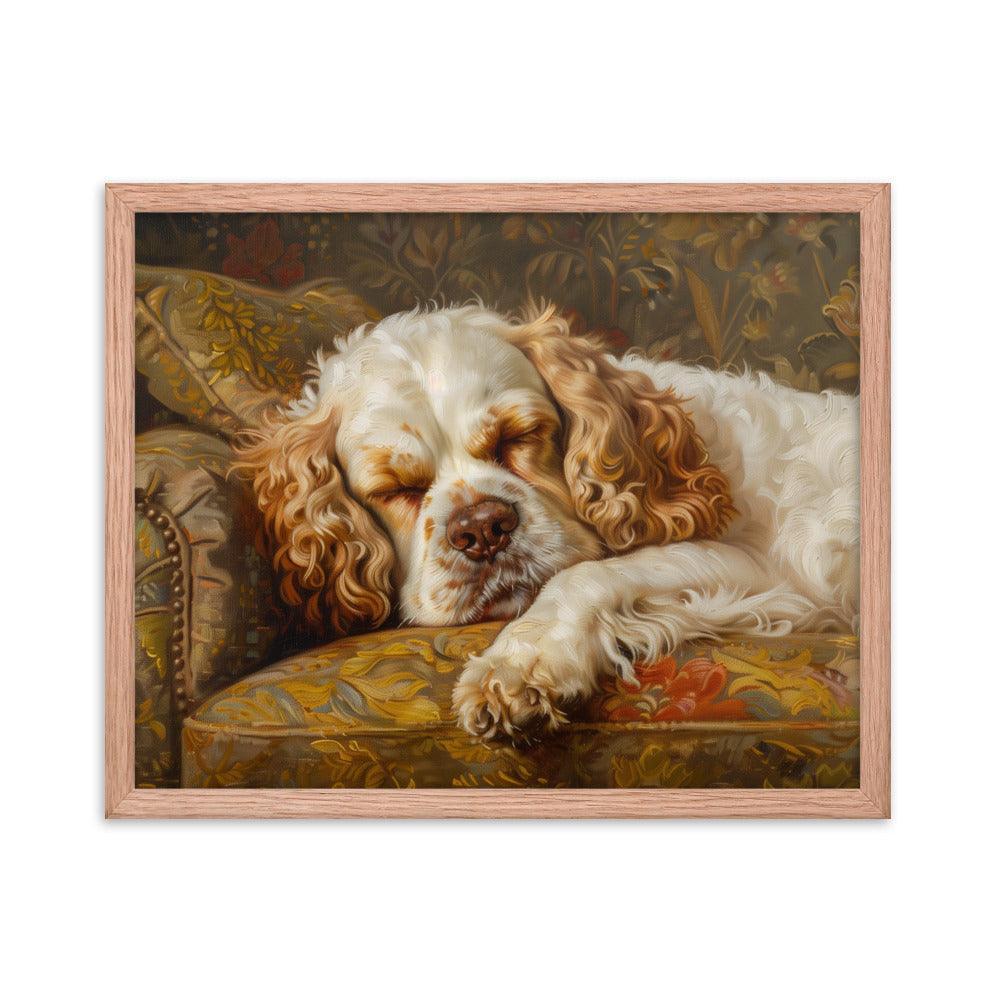 Clumber Spaniel Sleeping on Floral Sofa Painting Framed Poster - Oh Posters