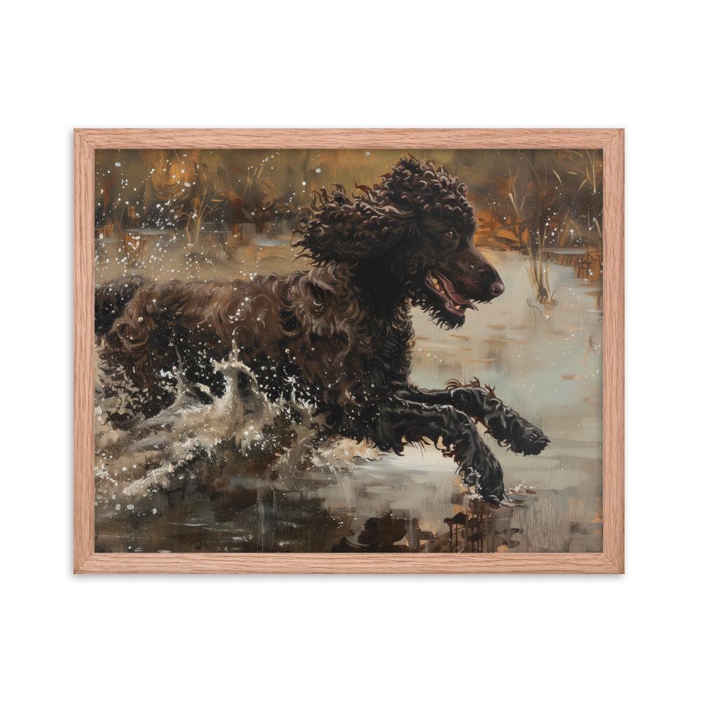 Irish Water Spaniel Splashing in Lake Art Framed Poster - Oh Posters