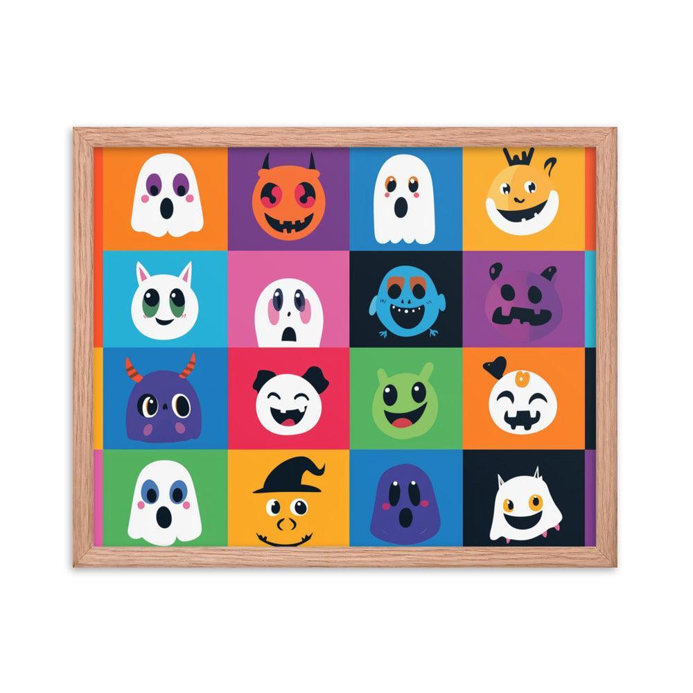 Cheerful Halloween Ghosts and Pumpkins Cartoon Faces Framed Poster - Oh Posters