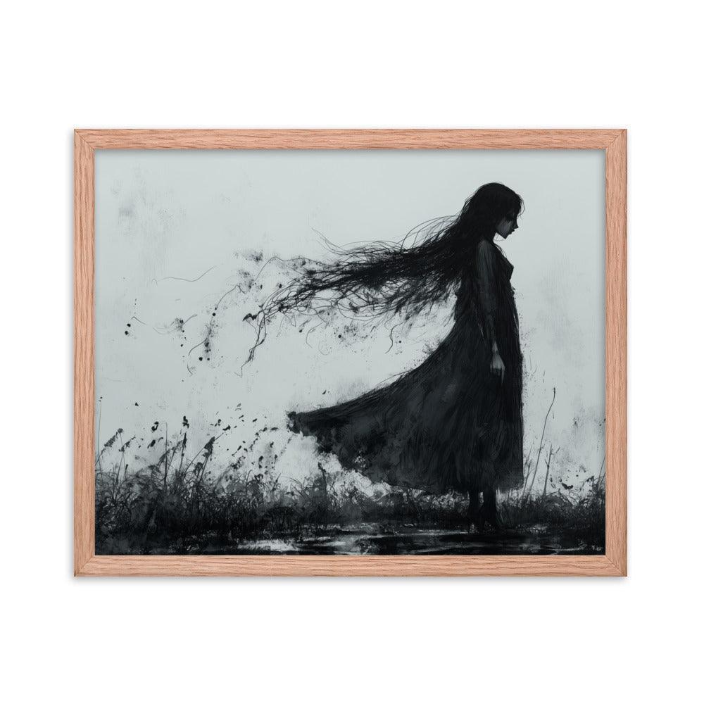 Dark Silhouette Woman in Gloomy Field Ink Illustration Framed Poster - Oh Posters