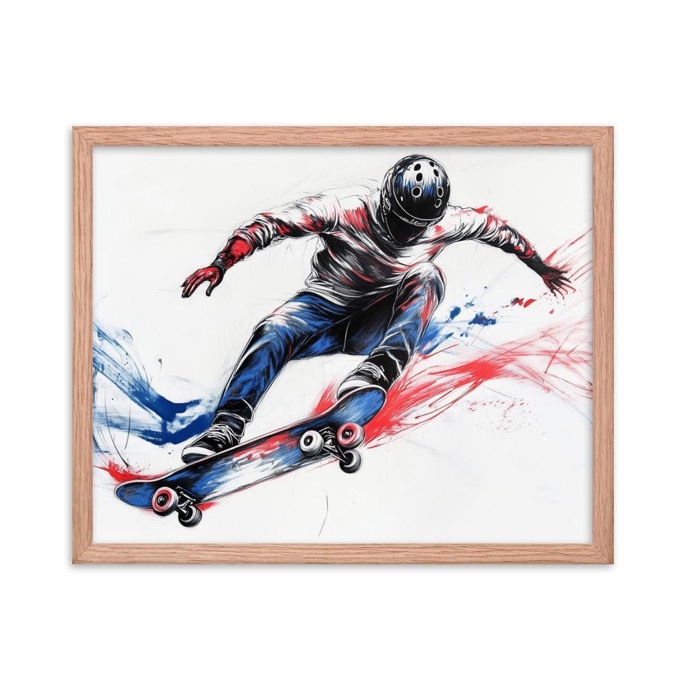 High-Energy Skateboarder with Helmet Abstract Sketch Framed Poster - Oh Posters