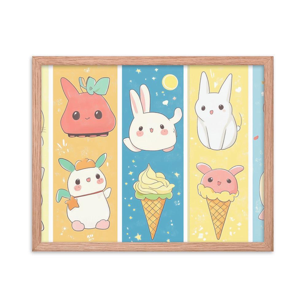 Kawaii Bunnies and Ice Cream Cute Character Strip Digital Art Framed Poster - Oh Posters