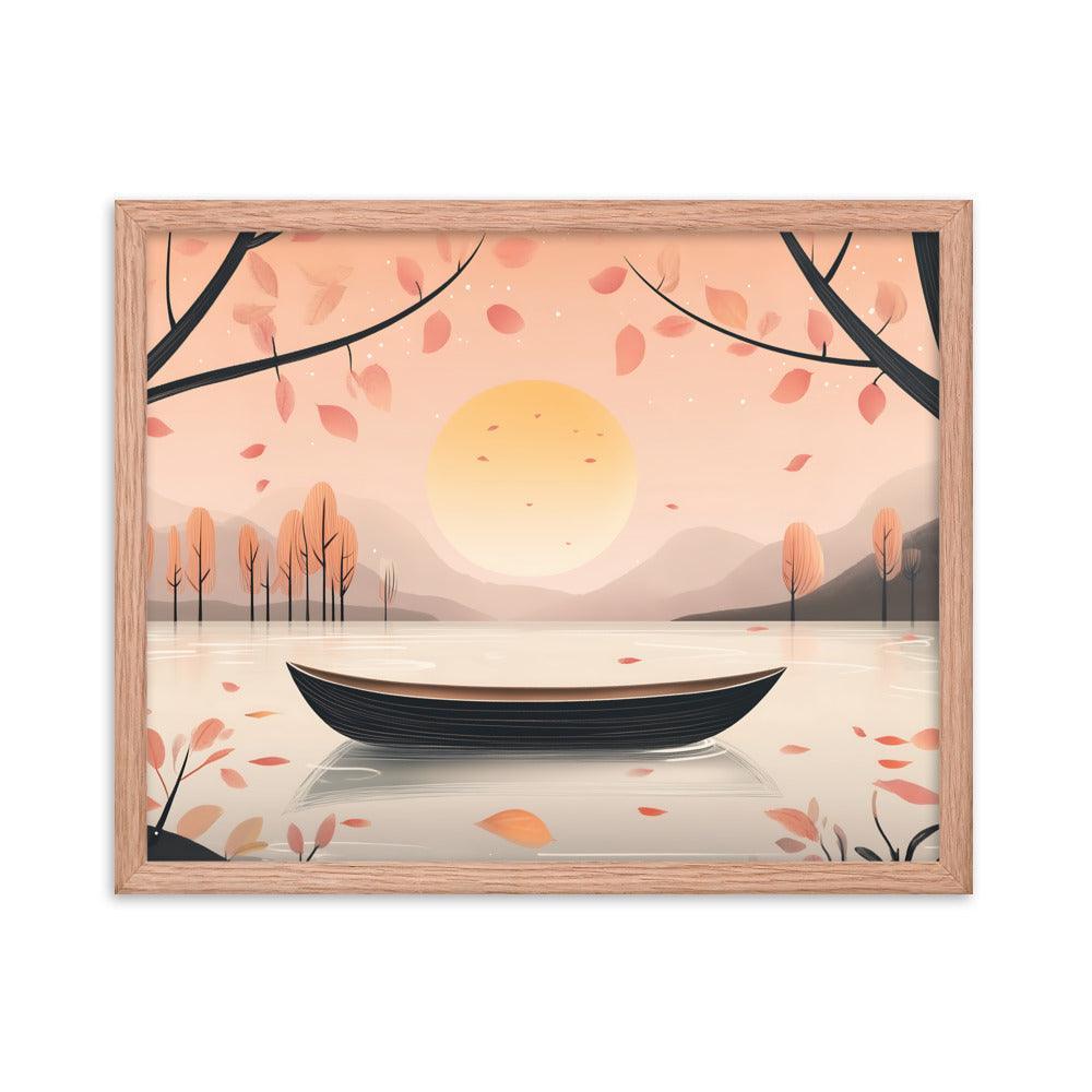 Peaceful Autumn Lake Scene with Soft Sunset and Falling Leaves Framed Poster - Oh Posters
