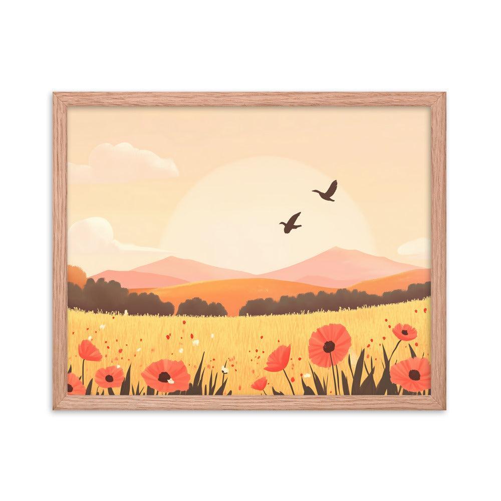 Sunset Field with Poppies and Birds in Pastel Landscape Framed Poster - Oh Posters