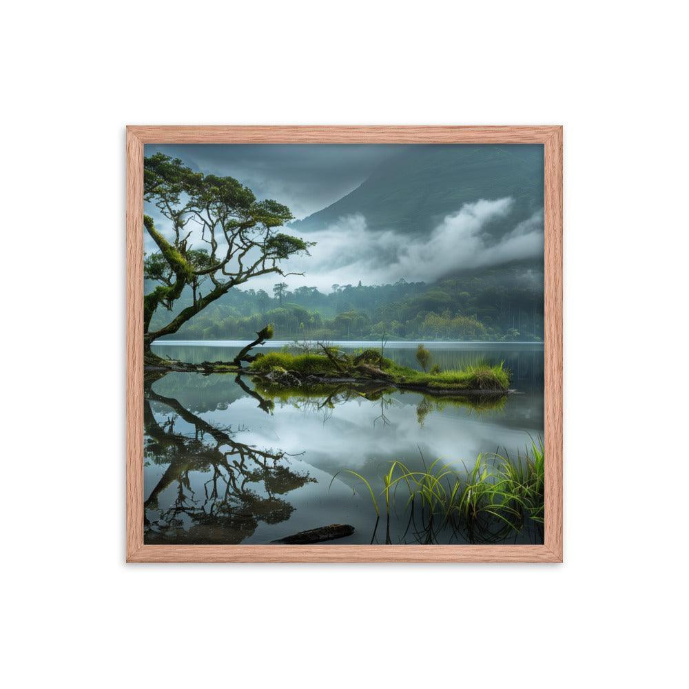 Indonesia Serene Lake Misty Mountains Framed Poster - Oh Posters