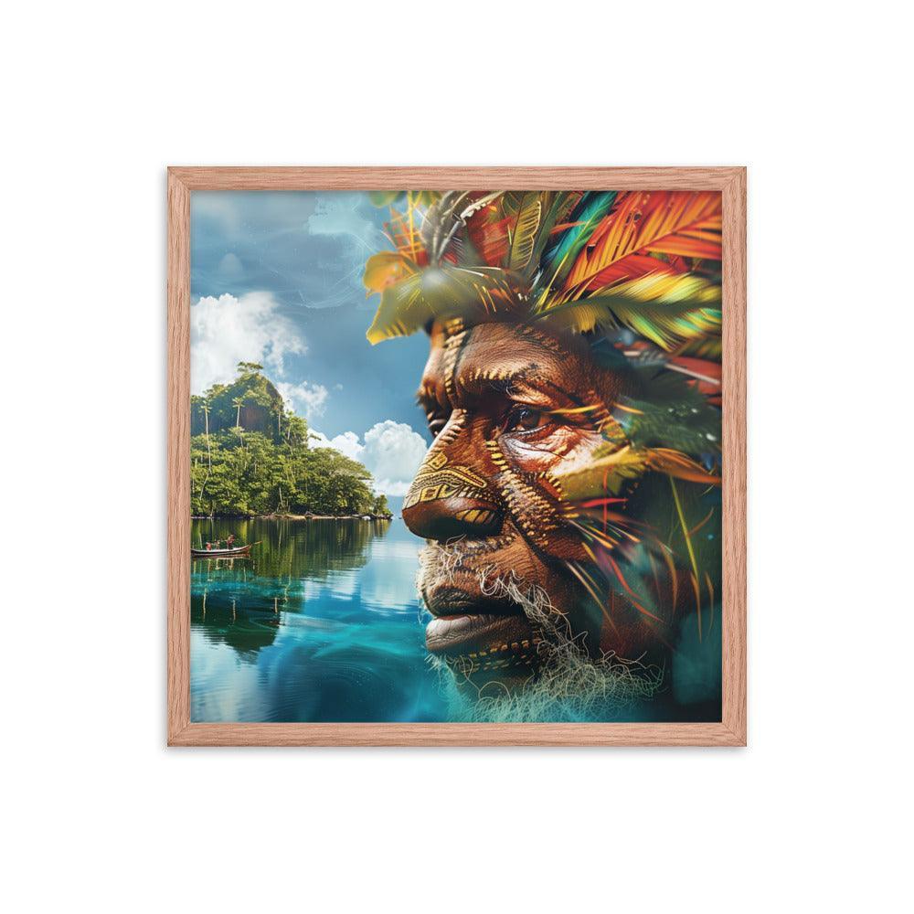 Papua New Guinea Indigenous Portrait and Island Landscape Framed Poster - Oh Posters