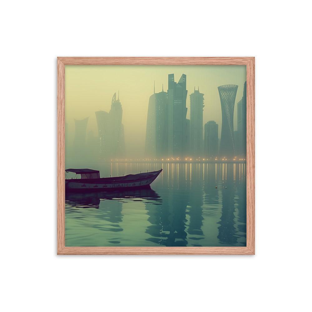 Qatar Foggy City Skyline Reflective Water Framed Poster - Oh Posters