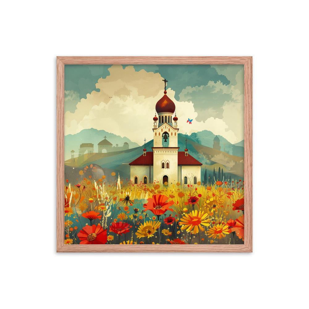 Romania Mountain Church Field of Flowers Framed Poster - Oh Posters