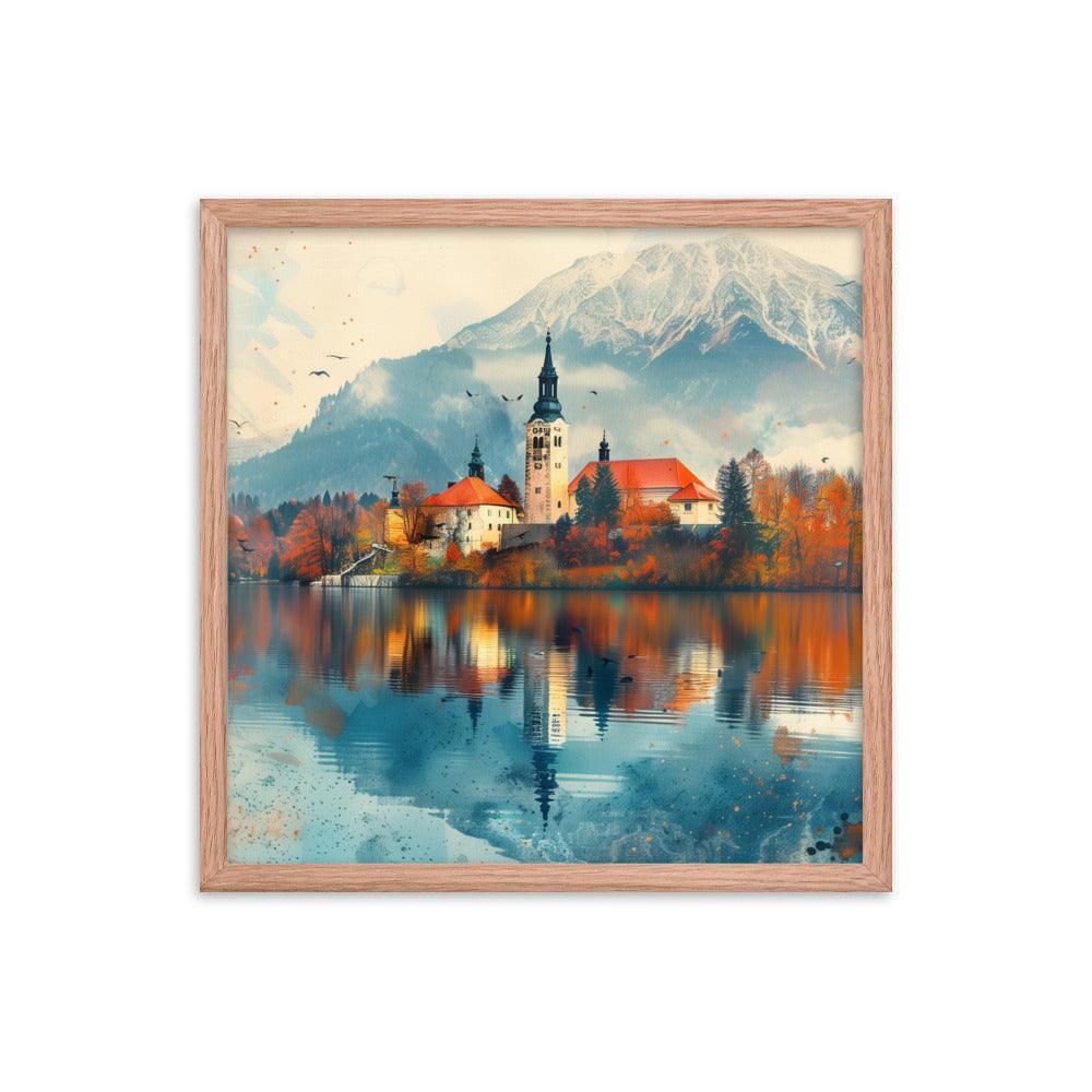 Slovenia Autumn Lakeside Church Reflection Framed Poster - Oh Posters