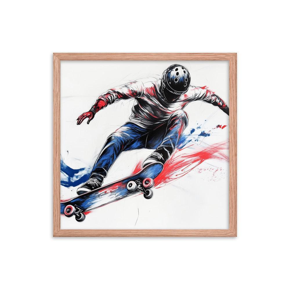 High-Energy Skateboarder with Helmet Abstract Sketch Framed Poster - Oh Posters