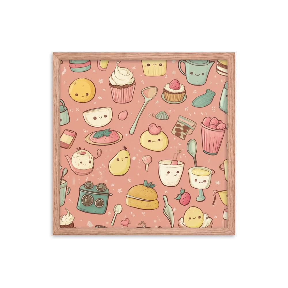 Kawaii Food and Kitchen Utensils Cute Doodle Pattern Framed Poster - Oh Posters