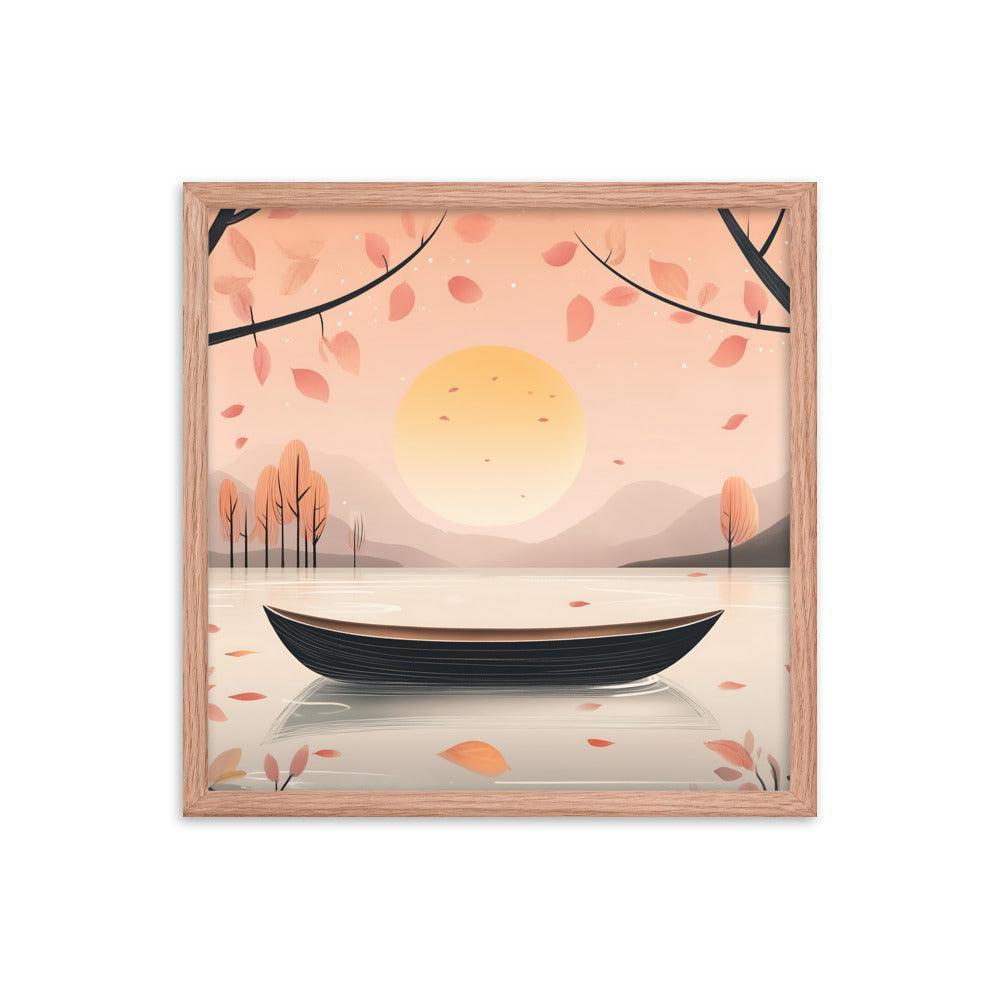 Peaceful Autumn Lake Scene with Soft Sunset and Falling Leaves Framed Poster - Oh Posters