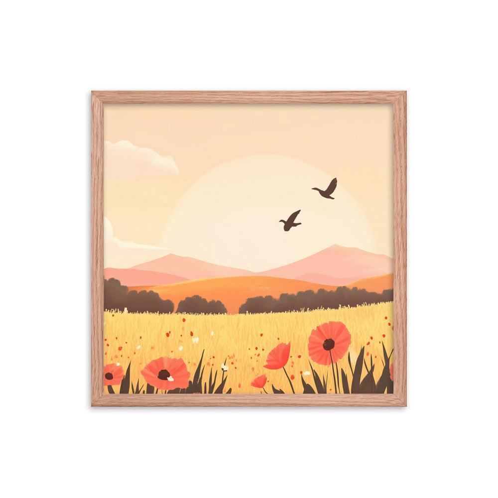 Sunset Field with Poppies and Birds in Pastel Landscape Framed Poster - Oh Posters