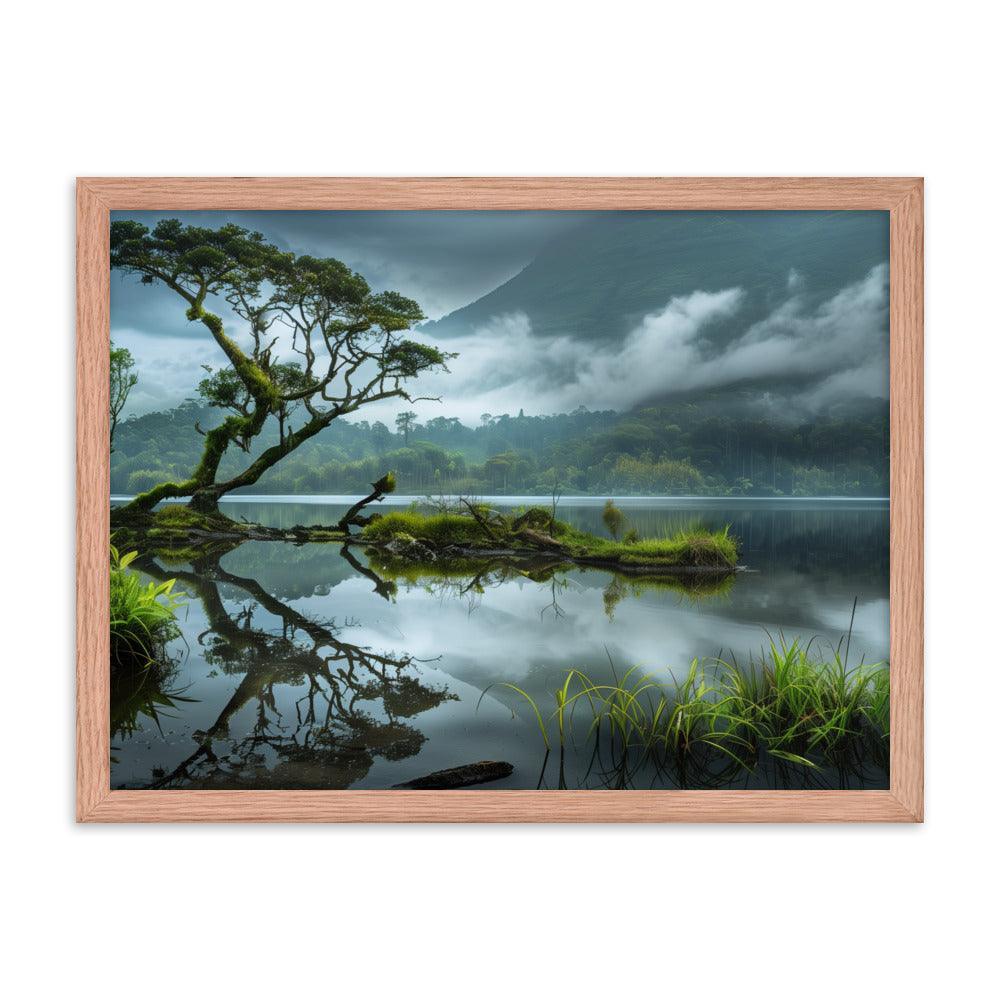 Indonesia Serene Lake Misty Mountains Framed Poster - Oh Posters