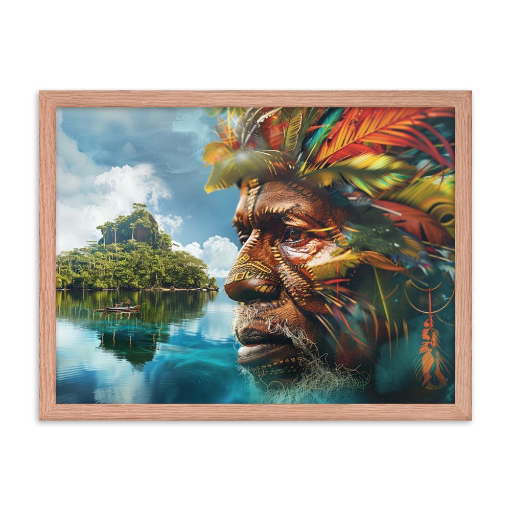 Papua New Guinea Indigenous Portrait and Island Landscape Framed Poster - Oh Posters