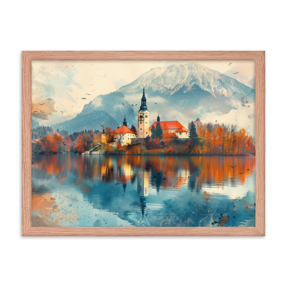 Slovenia Autumn Lakeside Church Reflection Framed Poster - Oh Posters