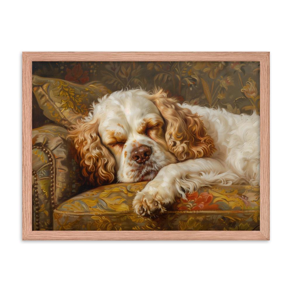 Clumber Spaniel Sleeping on Floral Sofa Painting Framed Poster - Oh Posters