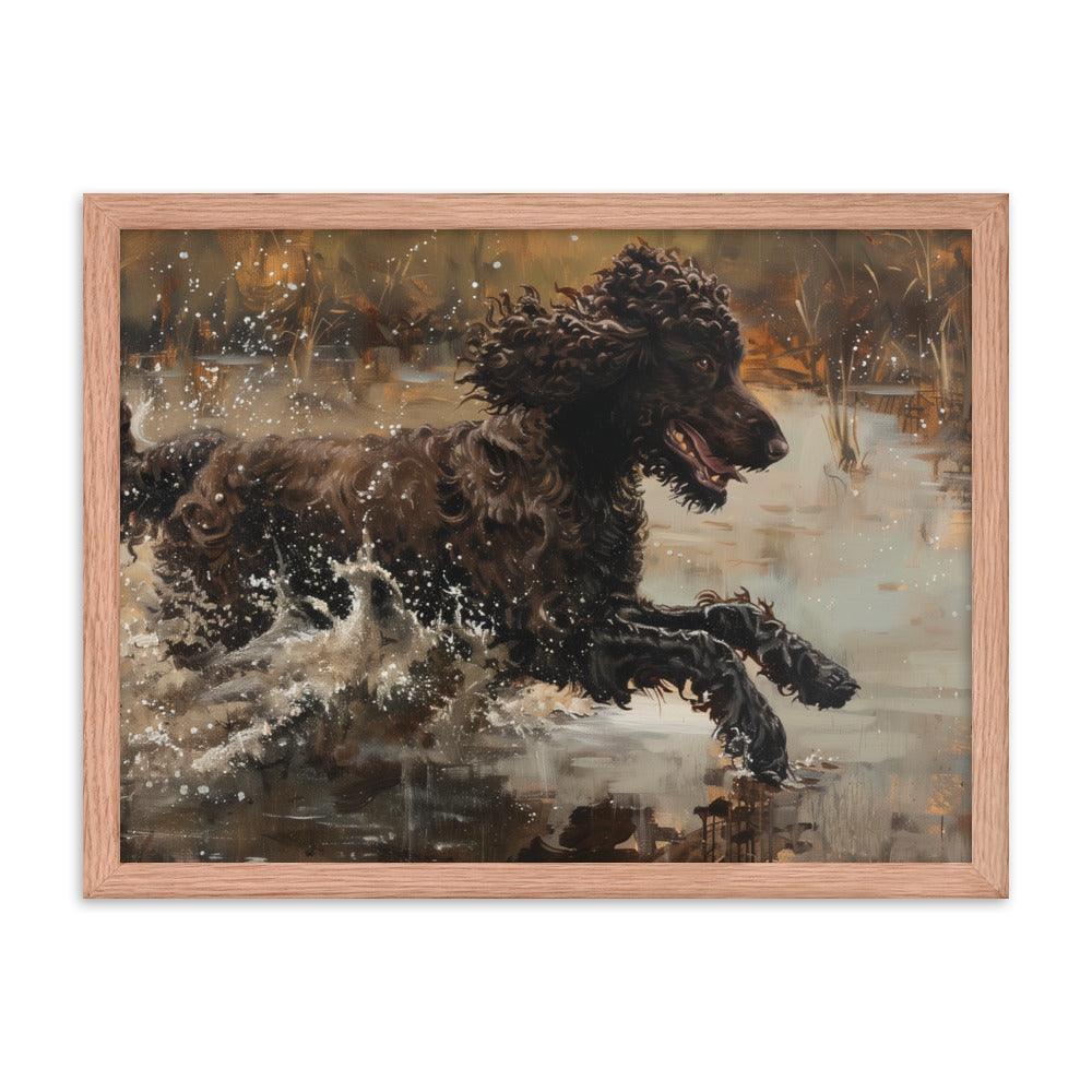 Irish Water Spaniel Splashing in Lake Art Framed Poster - Oh Posters