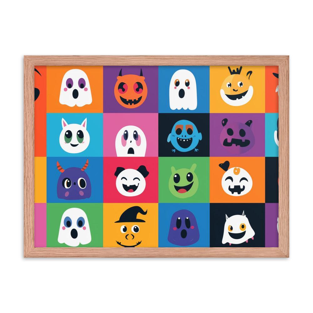 Cheerful Halloween Ghosts and Pumpkins Cartoon Faces Framed Poster - Oh Posters