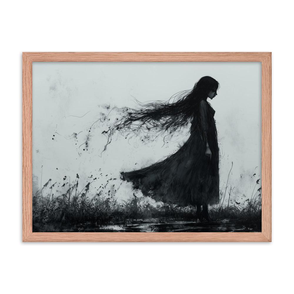 Dark Silhouette Woman in Gloomy Field Ink Illustration Framed Poster - Oh Posters