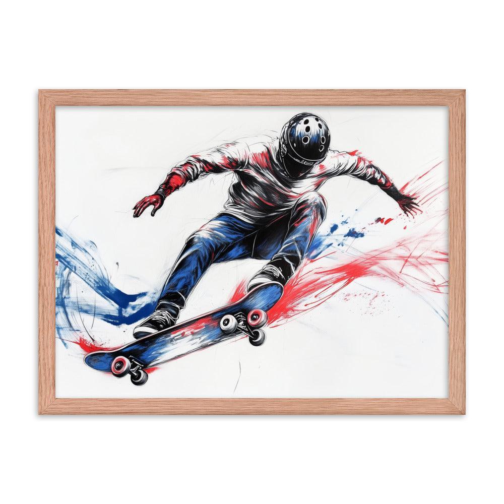 High-Energy Skateboarder with Helmet Abstract Sketch Framed Poster - Oh Posters