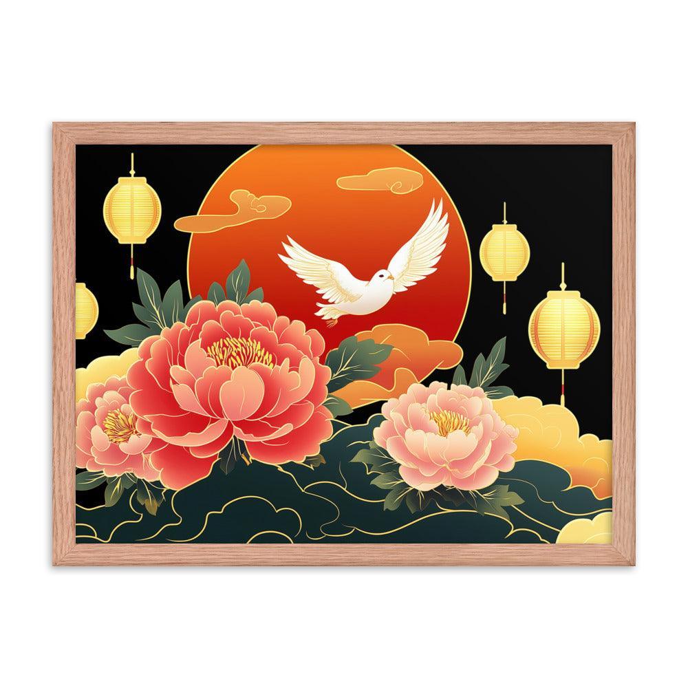 Chinese Traditional Floral Design with Lanterns and Dove Illustration Framed Poster - Oh Posters